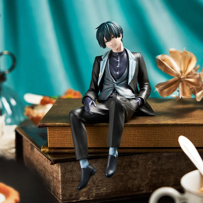 blue lock figure, anime figure, rin itoshi figure, sweets flavor, banpresto figure, front view with background