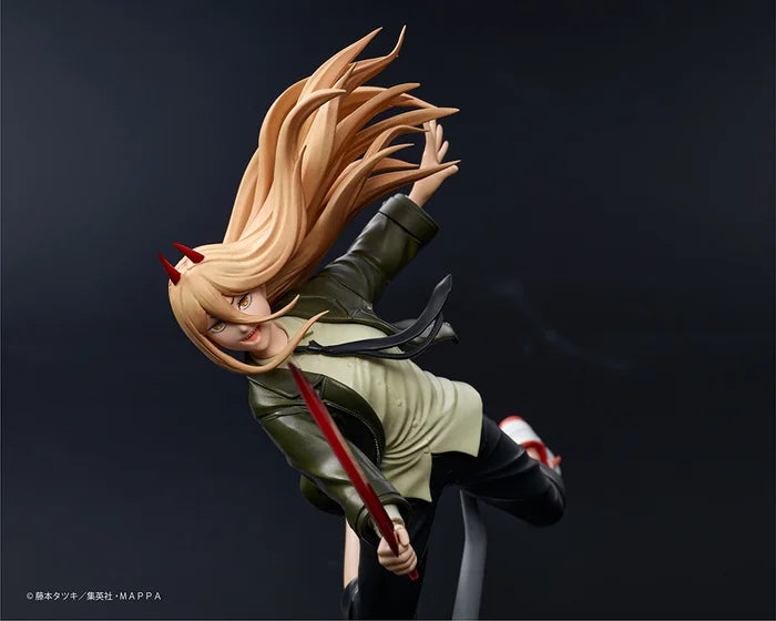 chainsaw man figure, anime figure, power figure, aerial prize figure, taito figure, front view, close up view