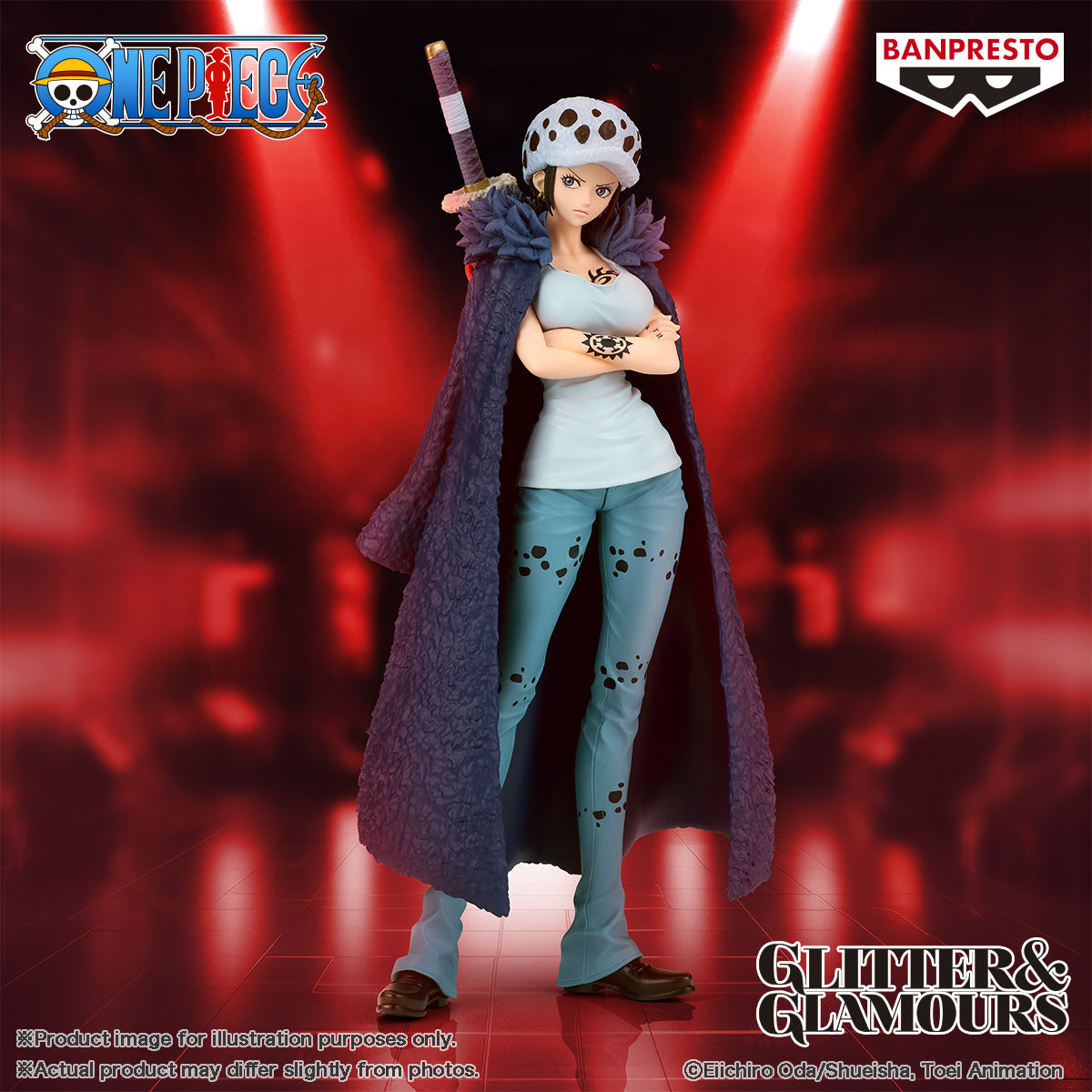 one piece figure, anime figure, trafalgar law figure, glitter and glamours figure, change version figure, female version figure, banpresto figure, front view with background, official marketing