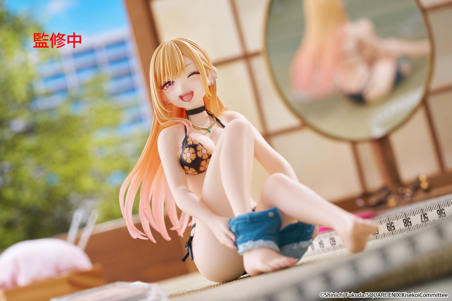 my dress up darling figure, anime figure, marin kitagawa figure, taito figure, desktop cute figure, measured swimsuit figure, T40273, front view with background, close up view