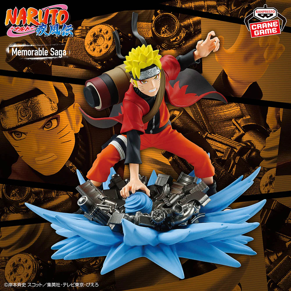 naruto figure, anime figure, naruto uzumaki figure, memorable saga special, banpresto figure, front view with background, marketing ad