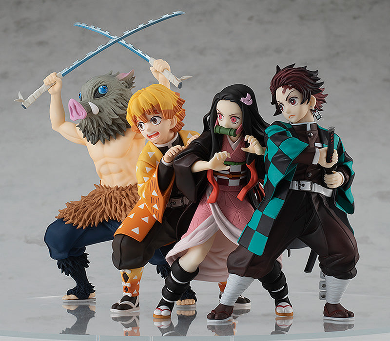 demon slayer figure, anime figure, nezuko kamado, zenitsu agatsuma, pop up parade figure, goodsmile figure, G94246, G94338, side view with background, set view, group view
