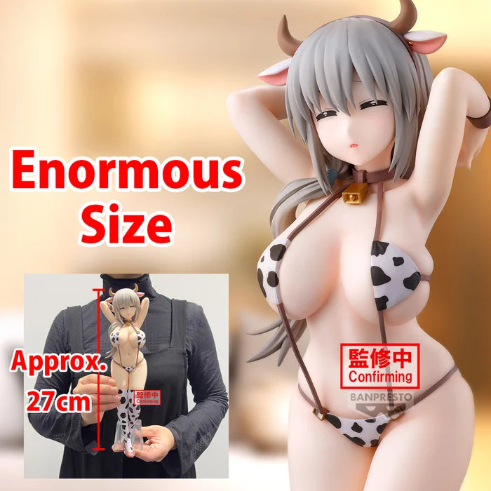 uzaki chan wants to hang out figure, anime figure, tsuki uzaki figure, glitter and glamours figure, cow print verison, banpresto figure, front view with background, close up view, size comparison
