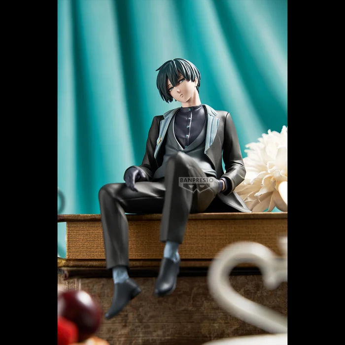 blue lock figure, anime figure, rin itoshi figure, sweets flavor, banpresto figure, front view with background