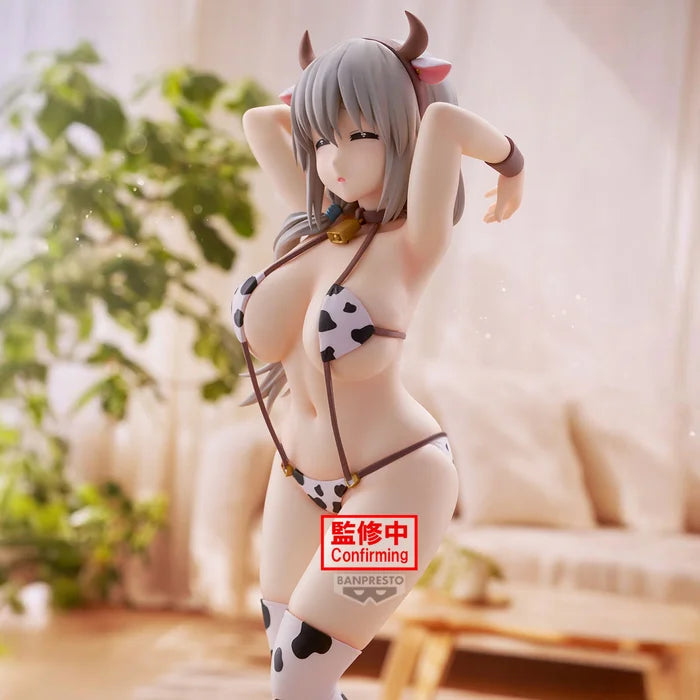 uzaki chan wants to hang out figure, anime figure, tsuki uzaki figure, glitter and glamours figure, cow print verison, banpresto figure, side view with background, close up view
