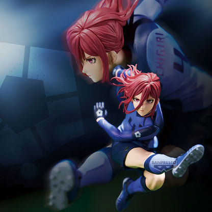blue lock figure, anime figure, hyoma chigiri, banpresto figure, front view with background, close up view, dynamic view