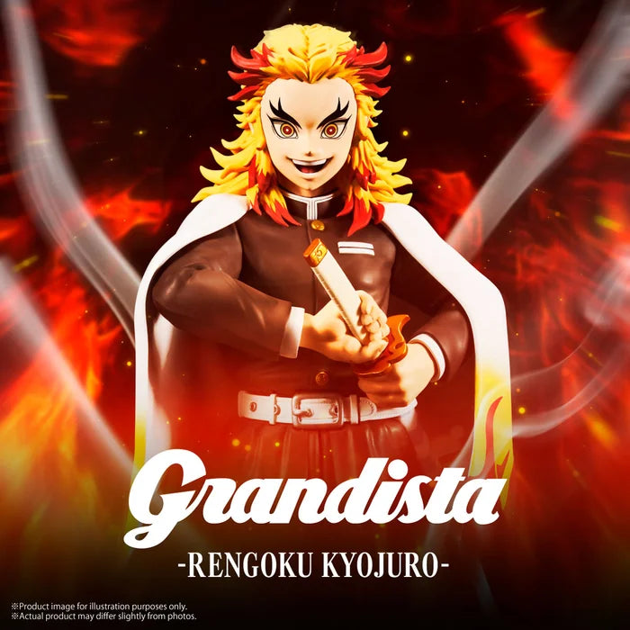 demon slayer figure, anime figure, kyojuro rengoku figure, banpresto figure, grandista figure, front view, marketing ad