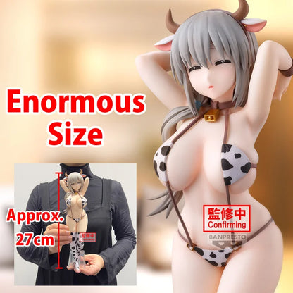 uzaki chan wants to hang out figure, anime figure, tsuki uzaki figure, glitter and glamours figure, cow print verison, banpresto figure, front view with background, close up view, size comparison