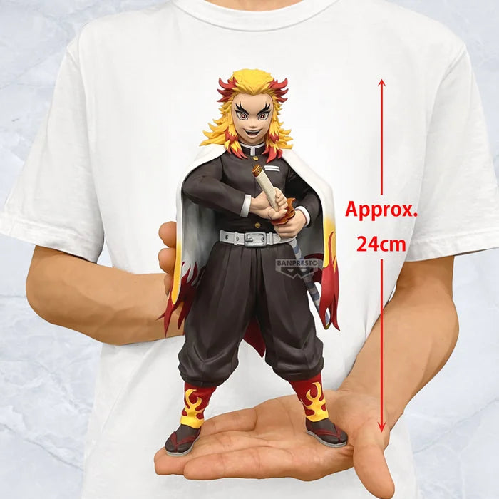 demon slayer figure, anime figure, kyojuro rengoku figure, banpresto figure, grandista figure, front view, size comparison